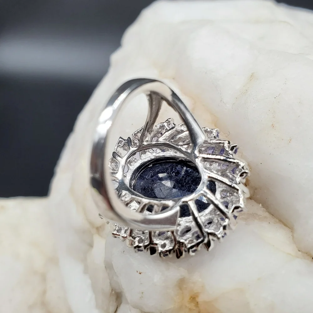 Sterling Silver 925 Designe Ring Raw Blue Sapphire Natural Tanzanite Gemstone